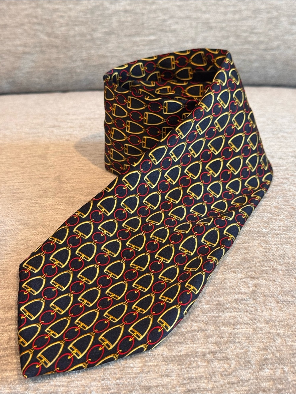 Vintage Hermès Paris Silk Equestrian Tie - Navy Blue, Gold & Red 690 OA